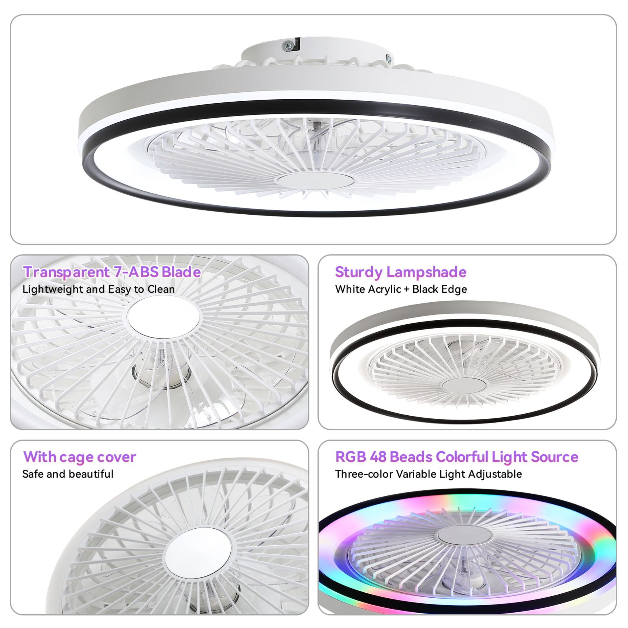 Sofucor 19-Inch Flush Mount Contemporary Ceiling Fan with LED Lights, Remote and App Control