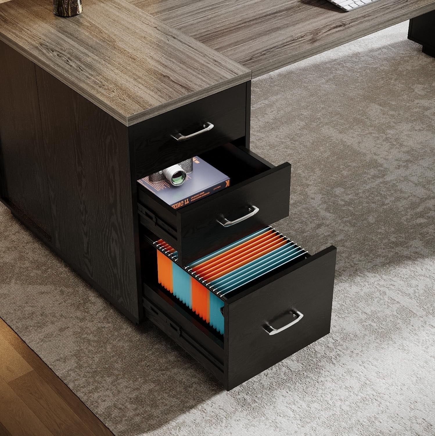 85.8-Inch L-Shaped Executive Desk with File Drawers, Door Cabinet & Shelves