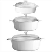 CorningWare 3.25L/2.25L/2L 3 pièces Combo Pyroceram Glass Classic Round & Square Casserole Plats de cuisson Marmite avec poignée et couvercle en verre - Blanc