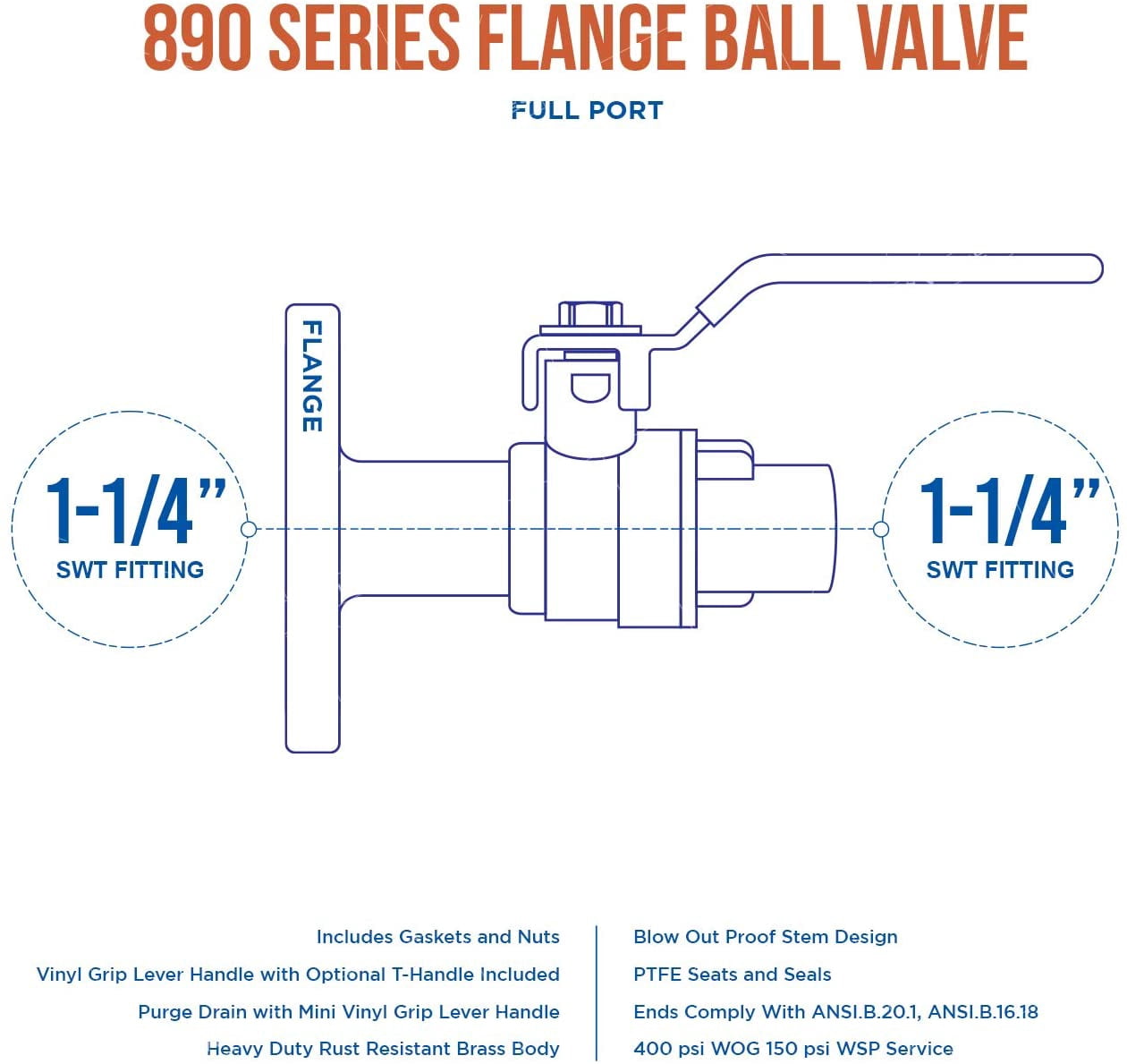 Midline Valve Full Port Ball Valve, with Flange, Water Shutoff, Flow Control in Pipeline, Brass, 1-1/4 in. Sweat Connection