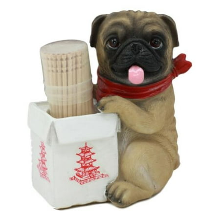 Ebros Lifelike Panting Pug With Chinese Take Out Box Decorative Toothpick Holder Statue With Toothpicks 3.75