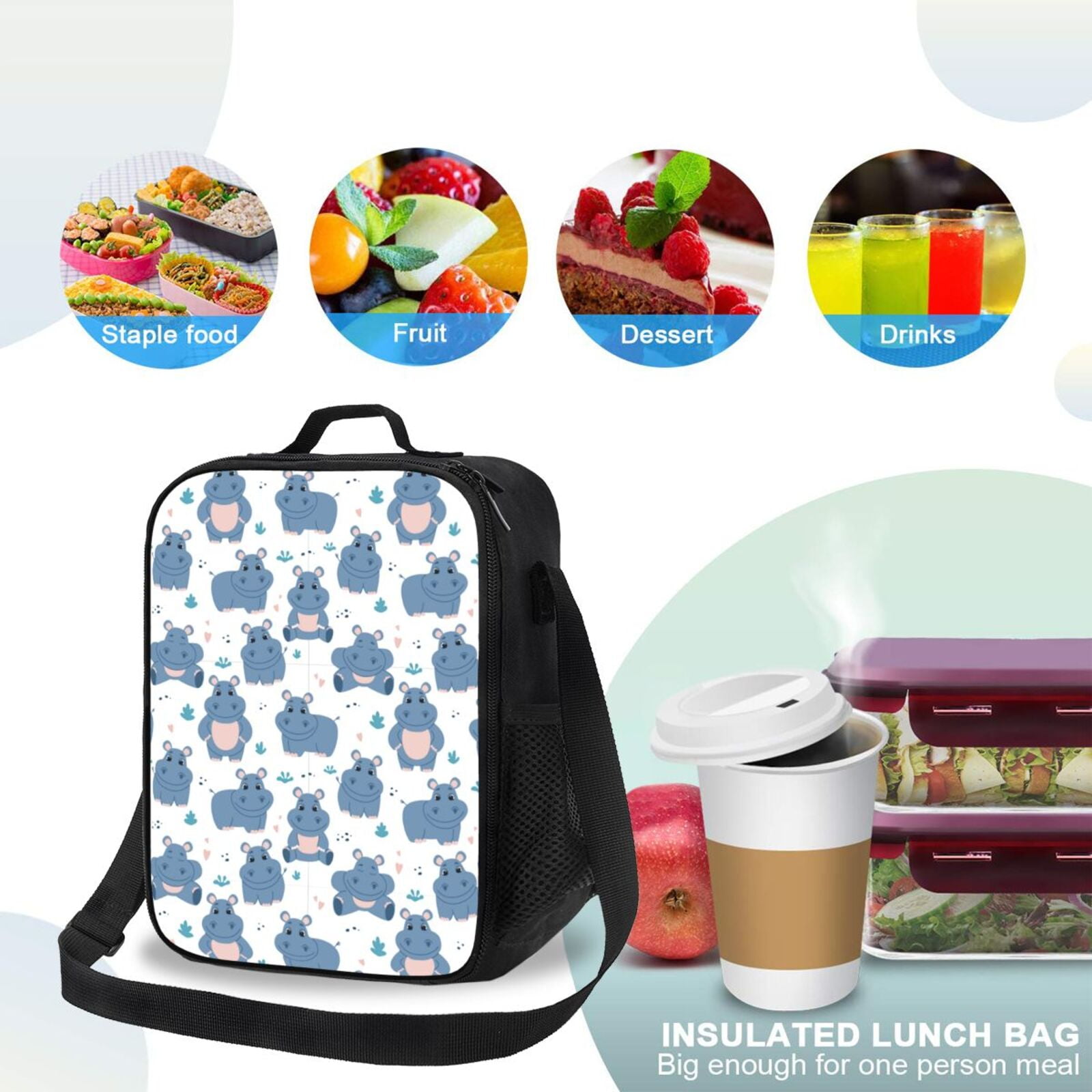 Defioc Cute Hippos Print Lunch Box for Men & Women, Insulated Lunch Bag Thickened Thermal Leakproof Lunch Tote Bag for Adult Office Travel Picnic