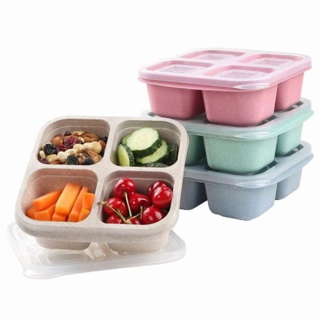 Boîtes à goûter par lot de 4, boîtes bento à 4 compartiments pour enfants et adultes, boîtes à lunch avec séparateurs pour l'école (vert/bleu/rose/blanc)