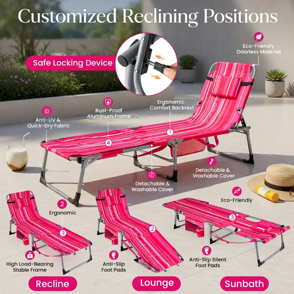Hommoo Portable Folding Tanning Chair with Face Hole & Adjustable Backrest, Lightweight Sunbathing Lounger for Beach, Pool, Lawn, Pink Stripe