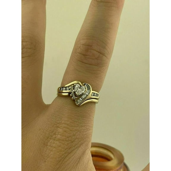 Diastar Jewels Heart Shape Cubic Zirconia Bridal Ring Set 14K Yellow Gold Finish Silver