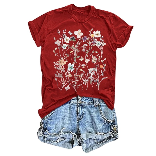Mode Femme Décontractée Uni Mignon Imprimé Col Rond Manches Courtes Chemise Haut Compression Chemise Femme Femmes Course Manches Longues Femmes Actif Superposition T-Shirt pour Femmes Superposition Manches Longues Chemise Femmes Femmes