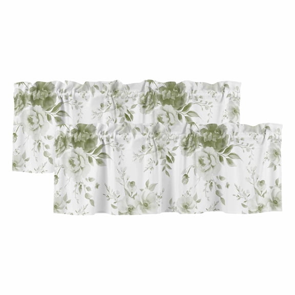 2 Pack Valances for Windows 42 x 12 Inch, Sage Green Flower Decorative Kitchen Curtain Valance, Watercolor Gradient Retro Floral Rod Pocket Short Curtains Window Treatment for Bathroom/Cafe