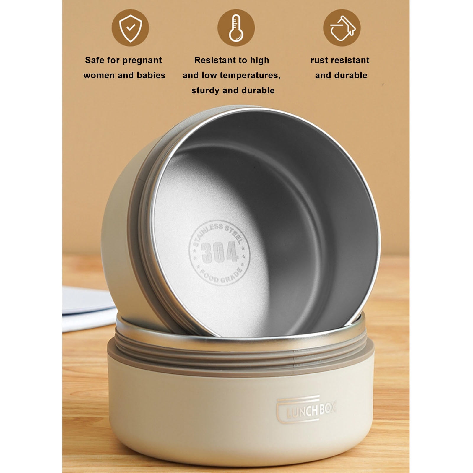 Rupoun 304 Stainless Steel Insulated Lunch Box – Round Thermal Bento with Sealed Lid, 4 Compartments, Lightweight & Portable, Beige, 4‑Piece Set