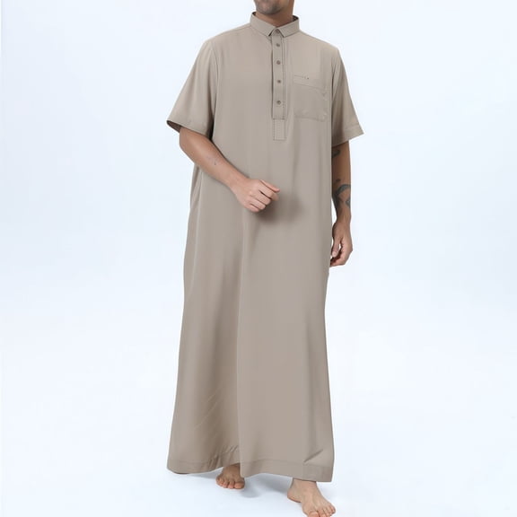 Ceisia Men's Middle Eastern Arabic Qatari Thawb Robe Standing Collar Short Sleeve Chest Pocket Metal Button Traditional Costume Gifts for Father