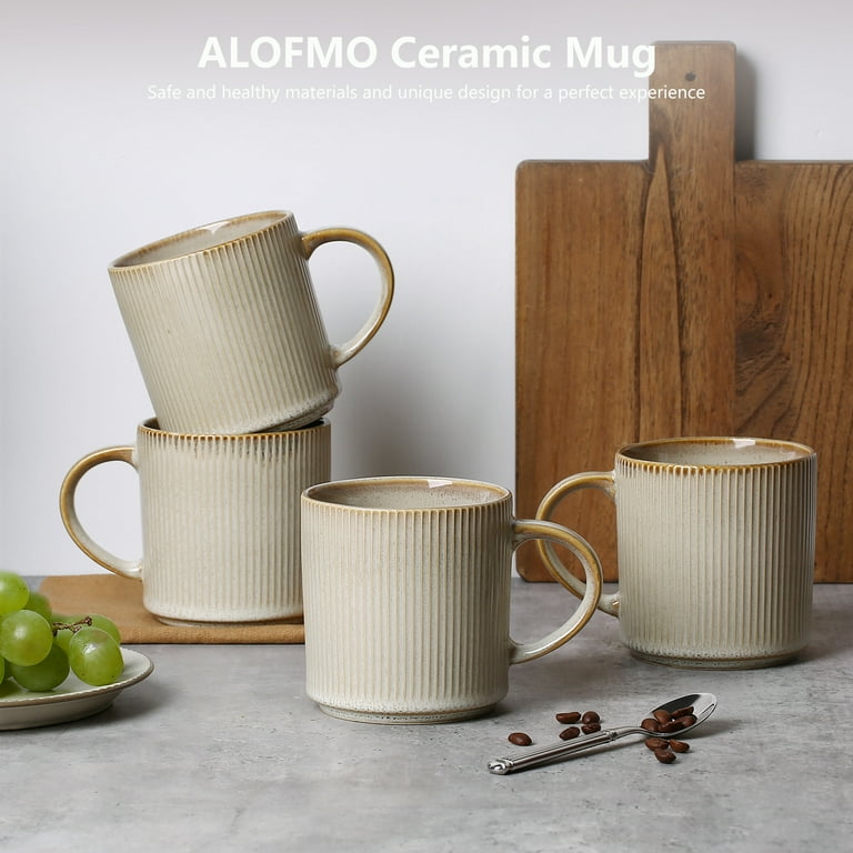 ALOFMO 16oz Ribbed Stoneware Coffee Mugs Set of 4 - Warm Beige Reactive  Glaze Tea Cups with Handles, Rustic Farmhouse Style for Home & Office, ...