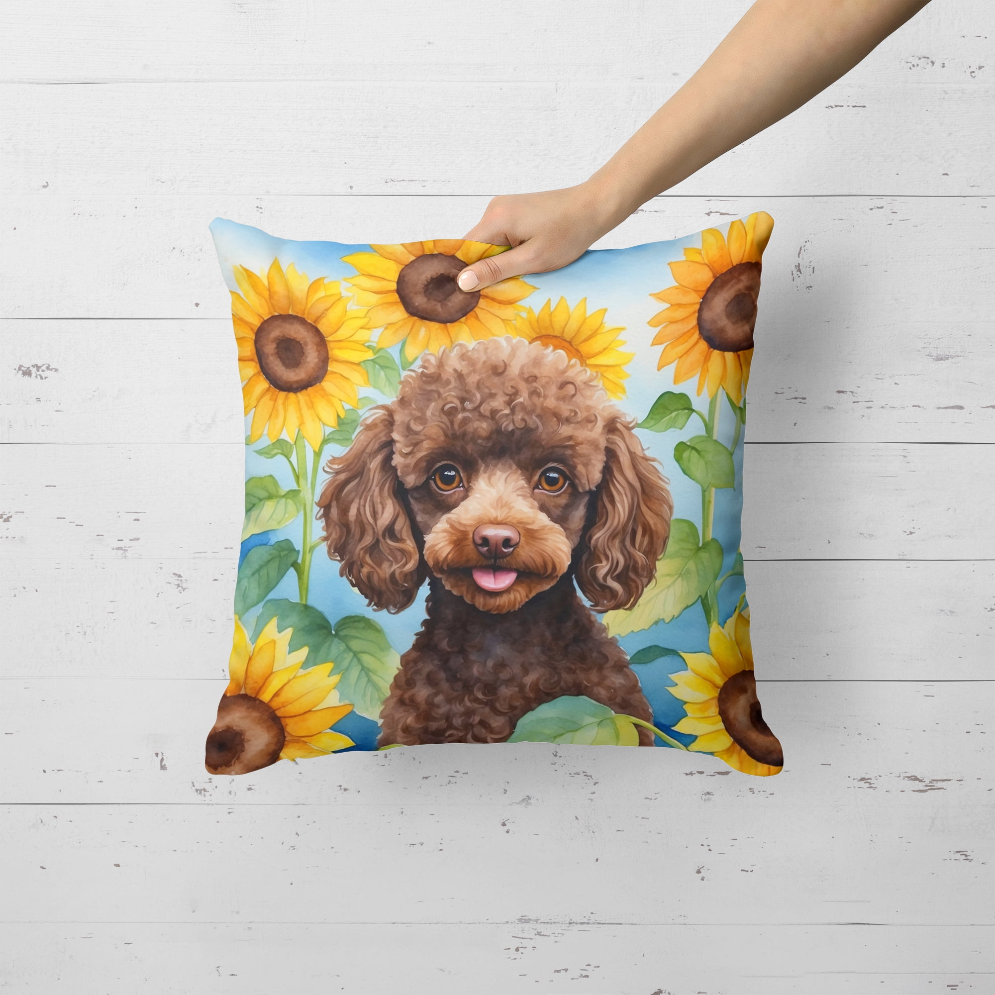 Chocolate Poodle in Sunflowers Throw Pillow 18 in x 18 in