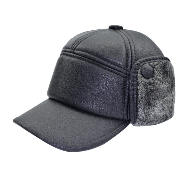 Boinas de cuero Cubierta de oreja de cuero para hombre Casquillo de cuero de invierno de mediana edad Gorra delantera de cuero ajustable ajustable (Negro)