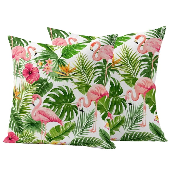 Pink Flamingo Outdoor Waterproof Pillow Covers, Tropical Monstera Leaf Palm Hibiscus Flower Decorative Square Throw Pillowcase Sofa Cushion Sham for Patio/Couch/Chair, 16"x16" 2 Pack