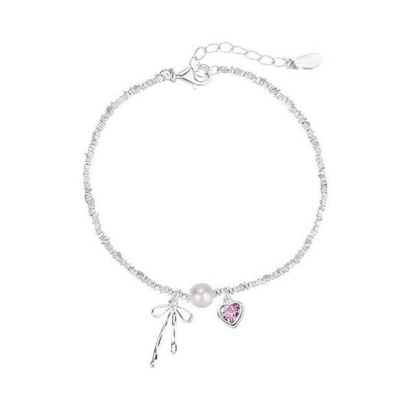 Dainty Heart & Bow Pearl Bracelet for Women Adjustable Sterling Silver Chain with Beaded ,Elegant Minimalist Jewelry for Girls,Friendship Gift for Birthday,Valentines Day & Special Occasions
