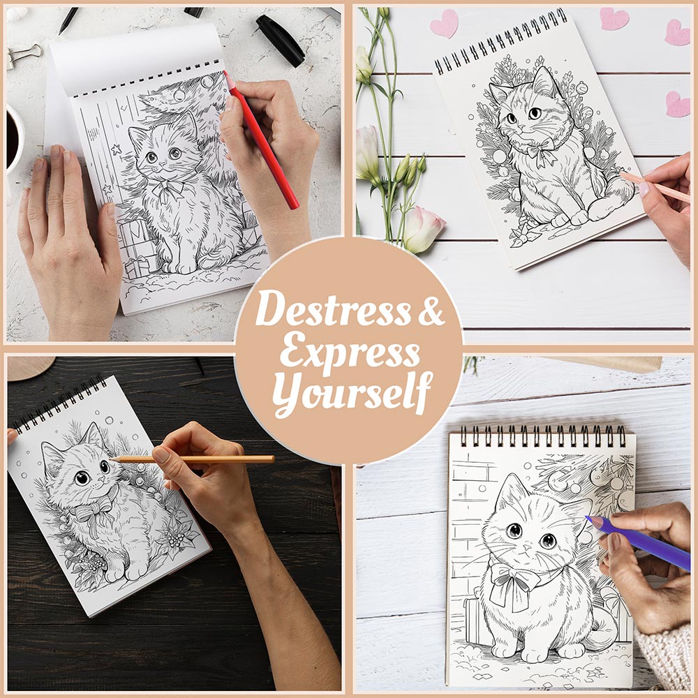 Netecom Christmas Cats Coloring Book Spiral Bound For Adults, A5 Wooden Cover, 30 Cute Coloring Pages of Adorable Cats for Stress Relief and Relaxation