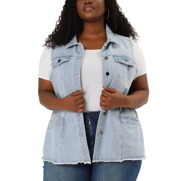 Women's Plus Size Jean Vest Button Down Turndown Collar Frayed Hem with Cargo Pocket Trucker Denim Vest Sky Blue 4X