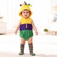 thumbnail image 2 of Kids Hooded Jester Romper Set – Sleeveless Zipper Onesie with Matching Socks, Yellow Purple Green Striped Outfit, 0-3 to 12-18 Months,Size 0 Month, 2 of 9