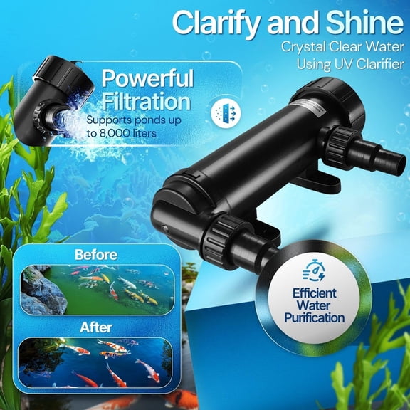Pond  Lights for Outdoor Ponds - 9W Small Light, 2113-Gal Capacity, 1500L/H  Pond Clarifier for Outdoor Ponds, Clears Water in Days (CUV-109A)