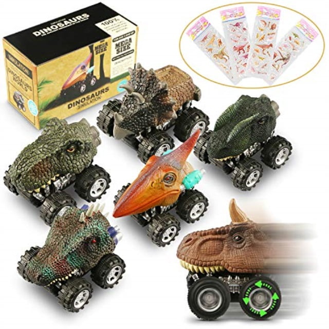 Magicfun Dinosaur Toy Car 2 Pack Dinosaur Cars with War Warriors Inside,Pull Back Dinosaur Cars Keys Launch Light and Fight Song for 3-10 Years Old Boys Girls 
