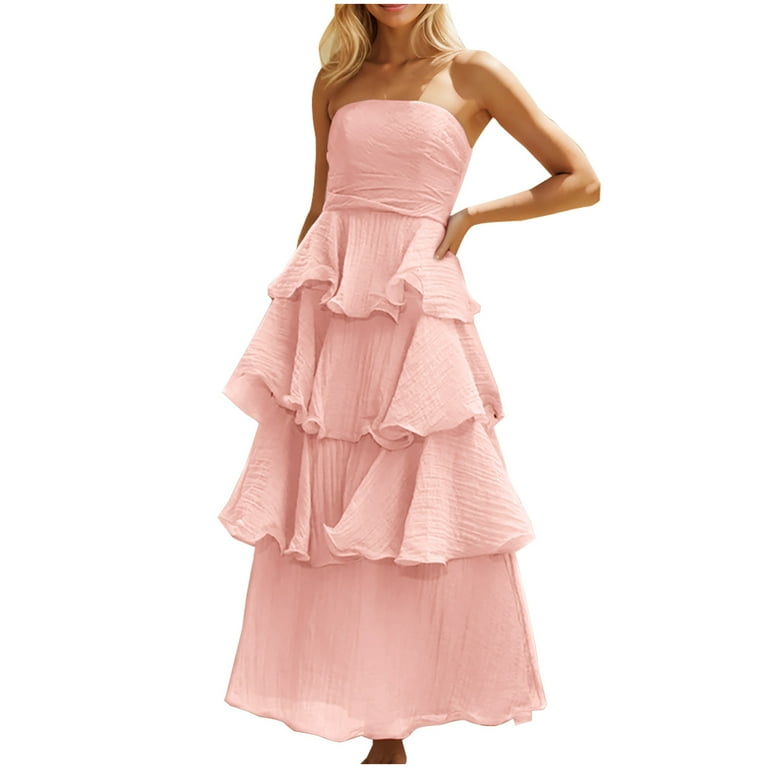 Itsame Women's Maxi Dress, Off-Shoulder Party Prom Dress Sexy Backless Beach Tiered Fluffy Dresses Pink M, Size: Medium
