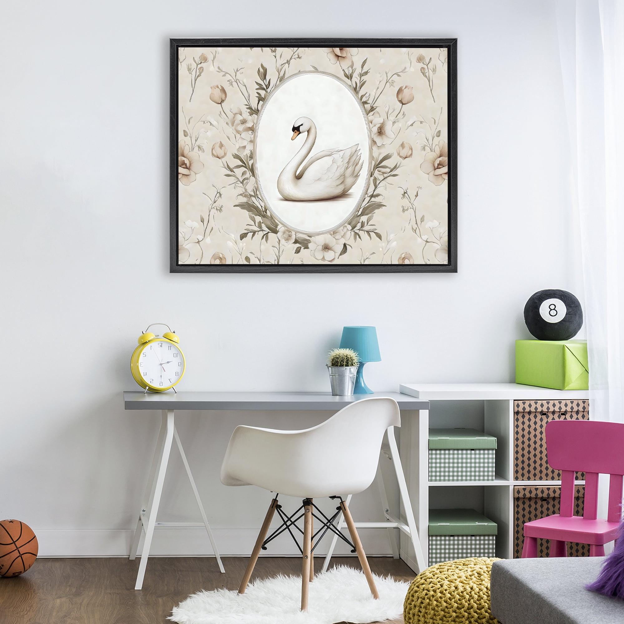 Stupell Industries Swan Vignette in Floral Border Black Framed Floater Canvas Wall Art, design by Arlington Prints