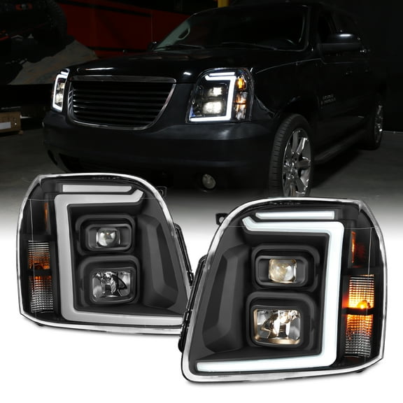 AKKON - Fits 2007-2014 GMC Yukon XL 1500 2500 [LED C-Tube DRL] Projector Black Headlights Headlamp Pair Driver Passenger