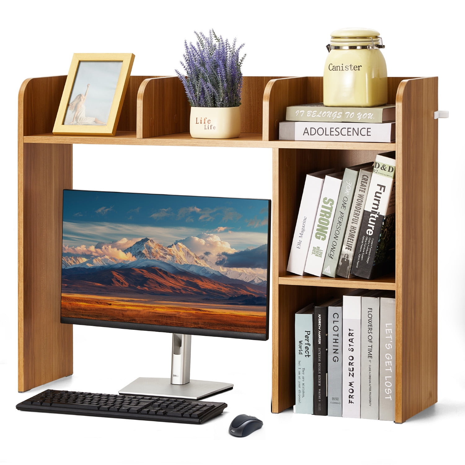 KFFKFF Tabletop Bookcase, Dual-Layer Wooden Desk Organizer, Dimensions 37.2" x 9.5" x 28.9", Office Storage Rack and Wooden Display Stand, Tabletop Bookcase Hutch with Non-Slip Foot Pads