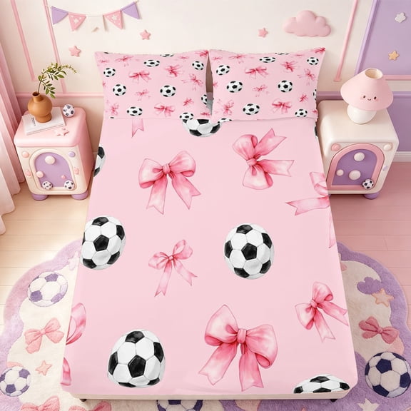Manfei Kawaii Bowknot Ribbon Fitted Sheet Full,Soccer Ball Sport Bed Set,3 Pieces,1 Fitted Sheet and 2 Pillowcases