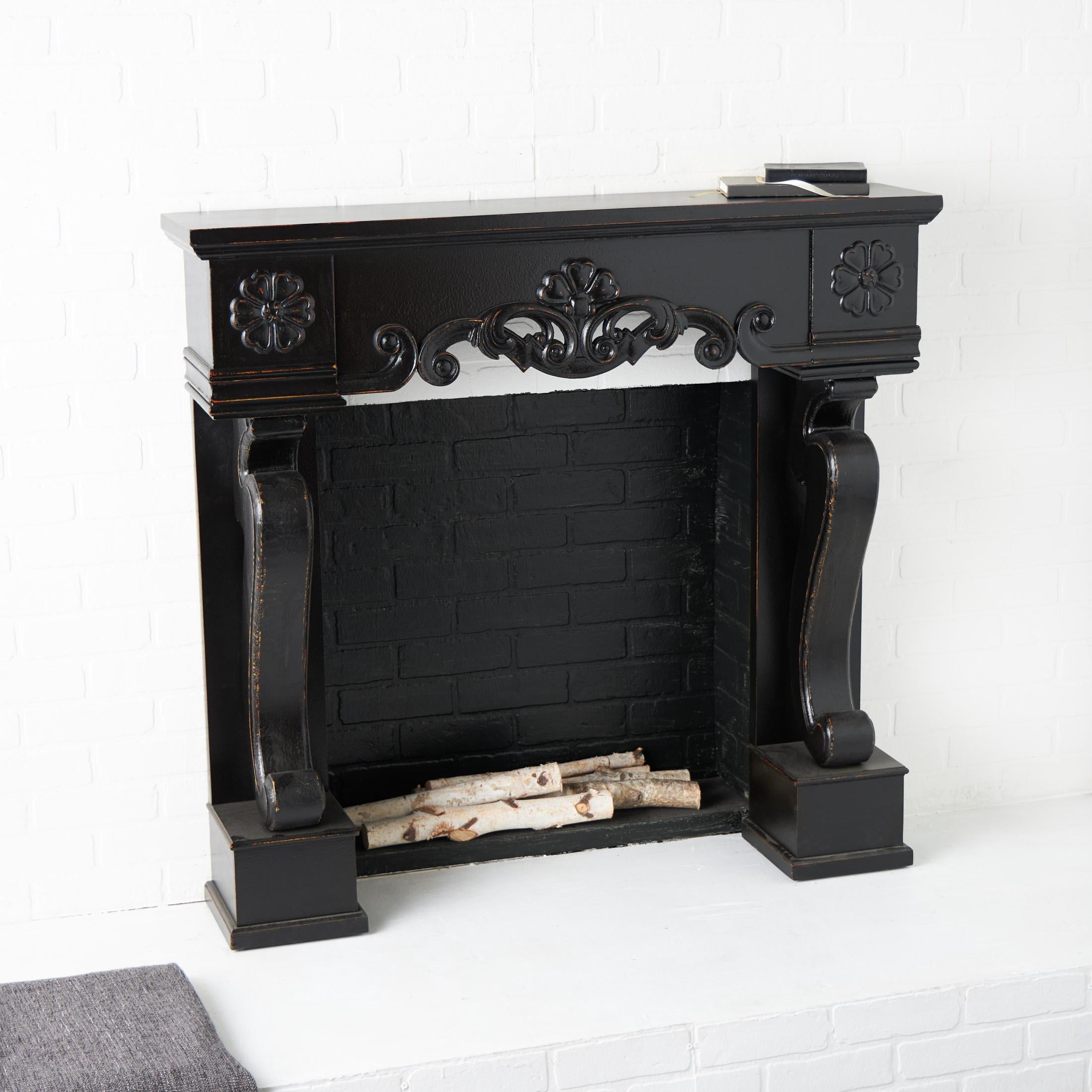 DecMode 45" x 43" Wood Black Freestanding Scroll Surround Fireplace Mantle with Floral Accents