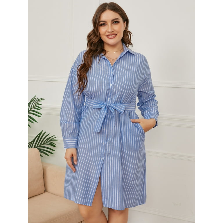 Women s Plus Size Elegant Striped Button down Long sleeved Shirt Dress