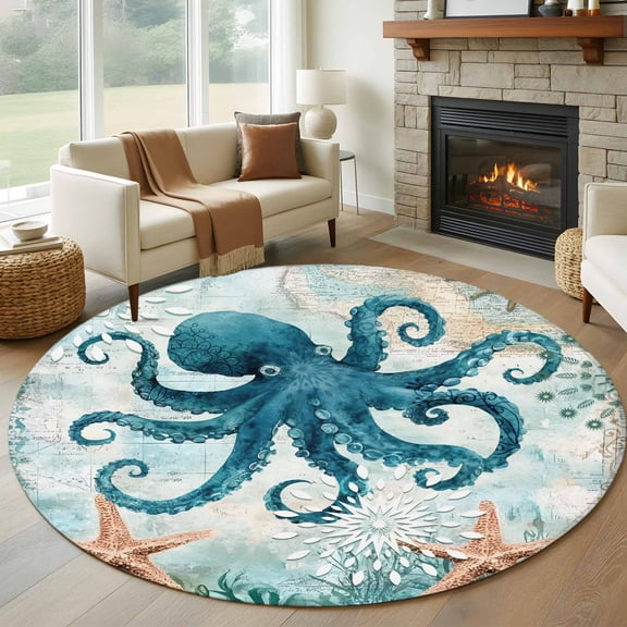 8ft Round Rug, Coastal Octopus Non-Skid Rubber Backing Large Area Rugs - Living Room Bedroom Home Office, Teal Nautical Beach Starfish Vintage Indoor Floor Mat Carpets Washable Rug