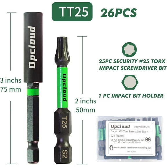 UYGDUY-T25 Impact Screwdriver Bit Set, 26 Pieces 2S2 Steel Magnetic Security #25 Torx Tips Driver Power Bit Set with Extension Impact Bit Holder