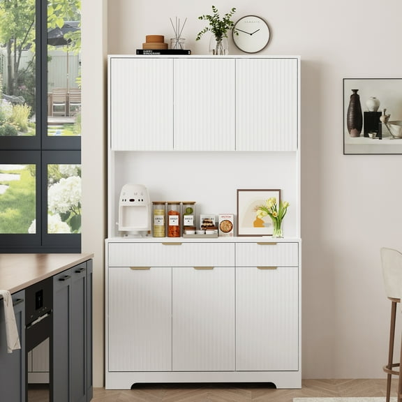71" Pantry Cabinet, Kitchen Storage Cabinet with Drawers & Adjustable Shelf, Microwave Shelf, Kitchen Hutch with LED Light & Outlets for Dining Room/Entry/Hallway (Black)
