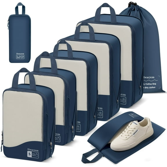 Compression Packing Cubes 8 Set, See-Through Mesh Compression Packing Cubes Travel for Carry on Women/Men, Dual Zipper Packing Bags for Suitcases, Luggage and Backpacks (Navy Blue)