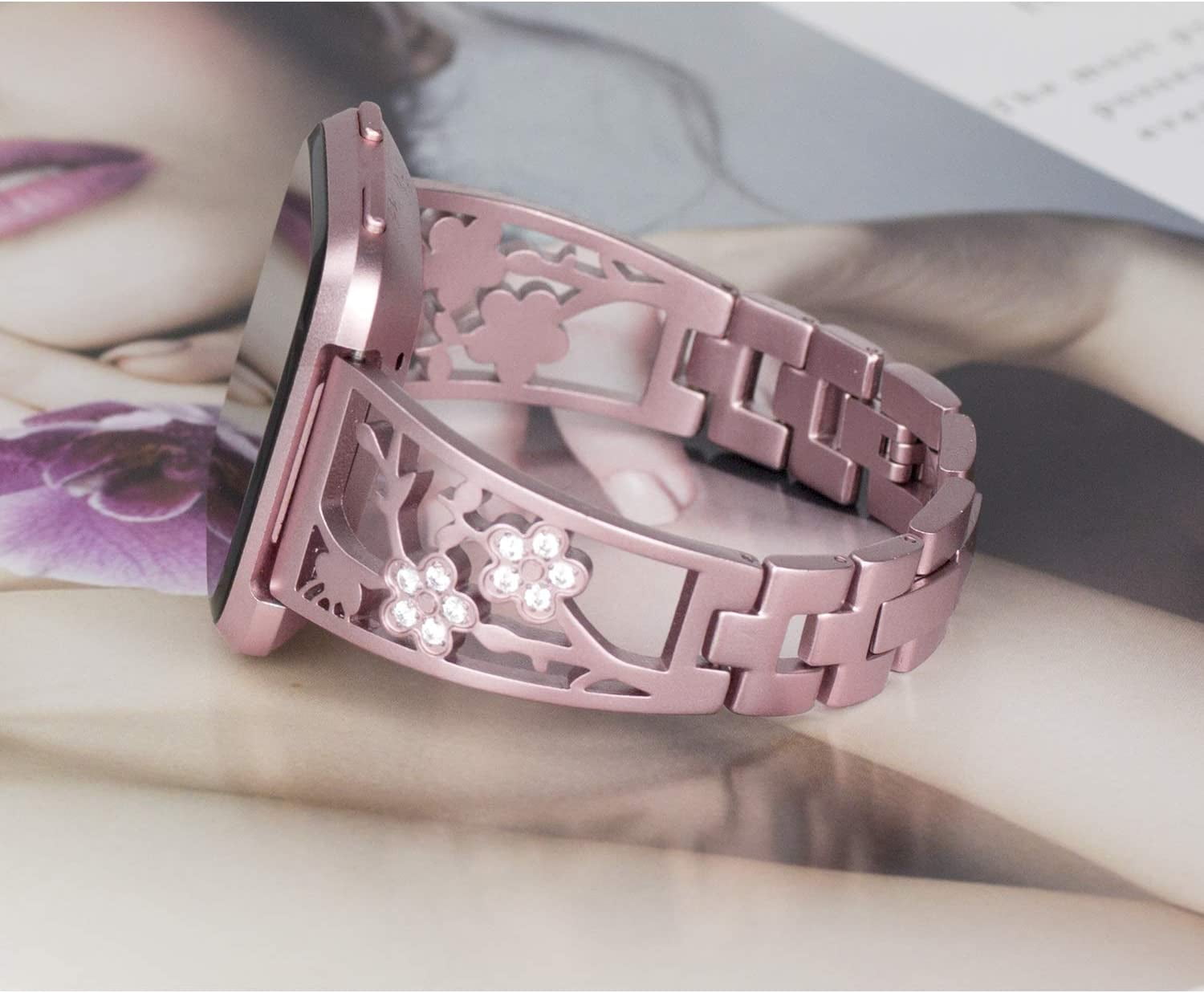 REQO Stainless Steel Bands Compatible with Fitbit Versa 2/Versa Lite/Versa for Women, Luxurious Bling Bracelet with Rhinestone Metal Wristbands