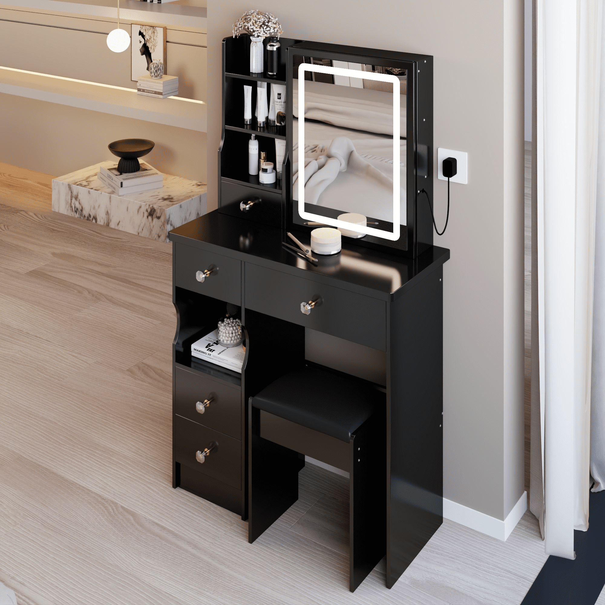 29.2" Small Size Left Drawer Desktop Vanity Table + Cushioned Stool, Large Sliding, Touch Control, Tri-color Switching, Brightness Adjust LED Mirror, High Capacity Storage, Suitable for Small Space