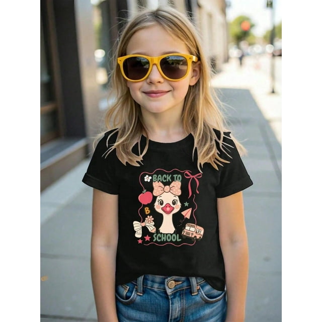Girl's Back To School Pattern T-Shirt, Back To School Goose Pattern Girl T-Shirt, Soft and Comfortable Girl's Casual Fashion Top, Cute and interesting Pattern Girls School uniform T-Shirt