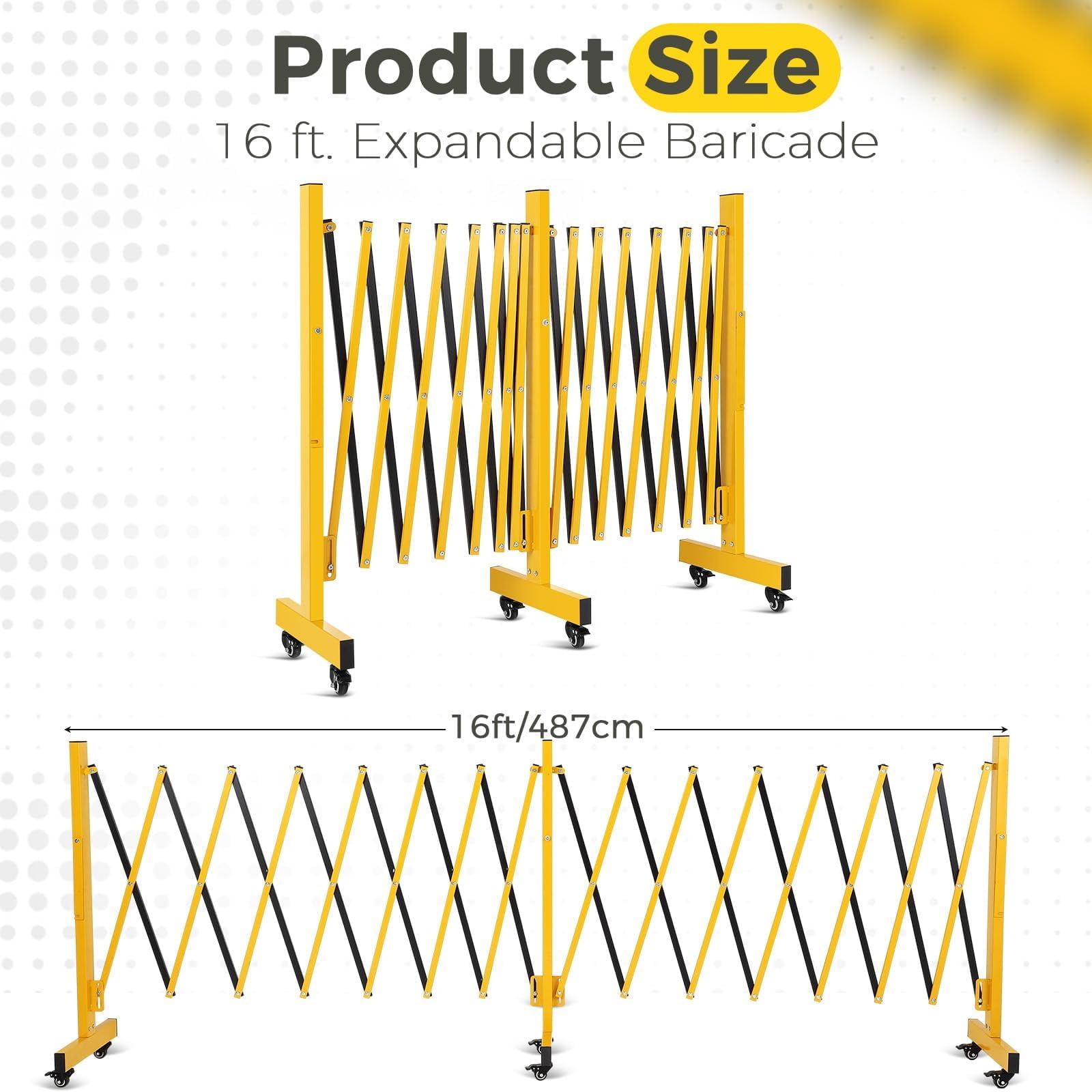 Kojooin 16-Foot Retractable Metal Barrier Gate with Wheels, Foldable Portable Safety Barrier, Retractable Traffic Fence, Suitable for Road Construction, Garages, Roads, and Outdoor Locations