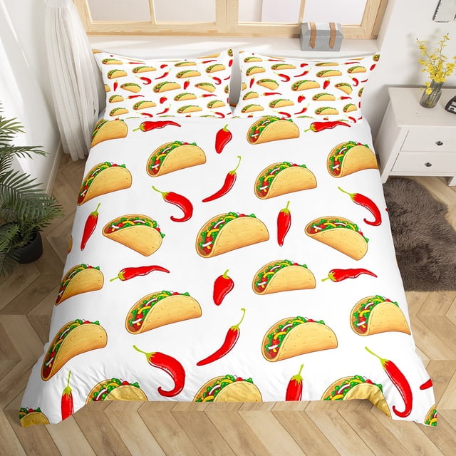 Housse de Couette Mexicaine Piments Rouges Taco Nachos Burrito Ensemble de Literie avec Fermeture Éclair, Nourriture Latine Cinco de Mayo Housse de Couette avec 2 Taies d'Oreiller, Taille Très Grand, Multicolore