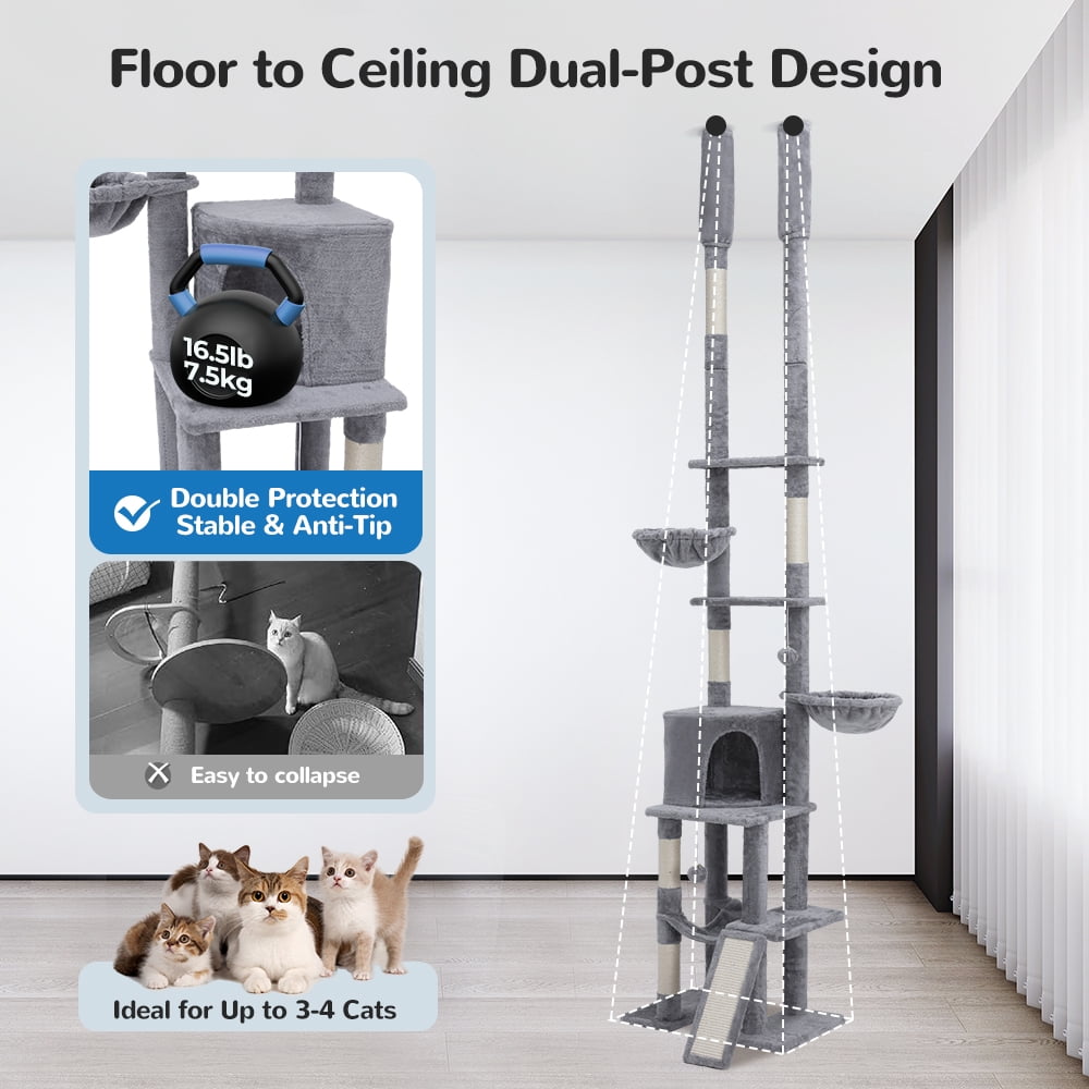 Floor to Ceiling Cat Tree, DOMIPET 85.6"-114"  Adjustable Height Cat Tower  7-Level Tall, Furniture Climbing Cat Scratching Post Tower