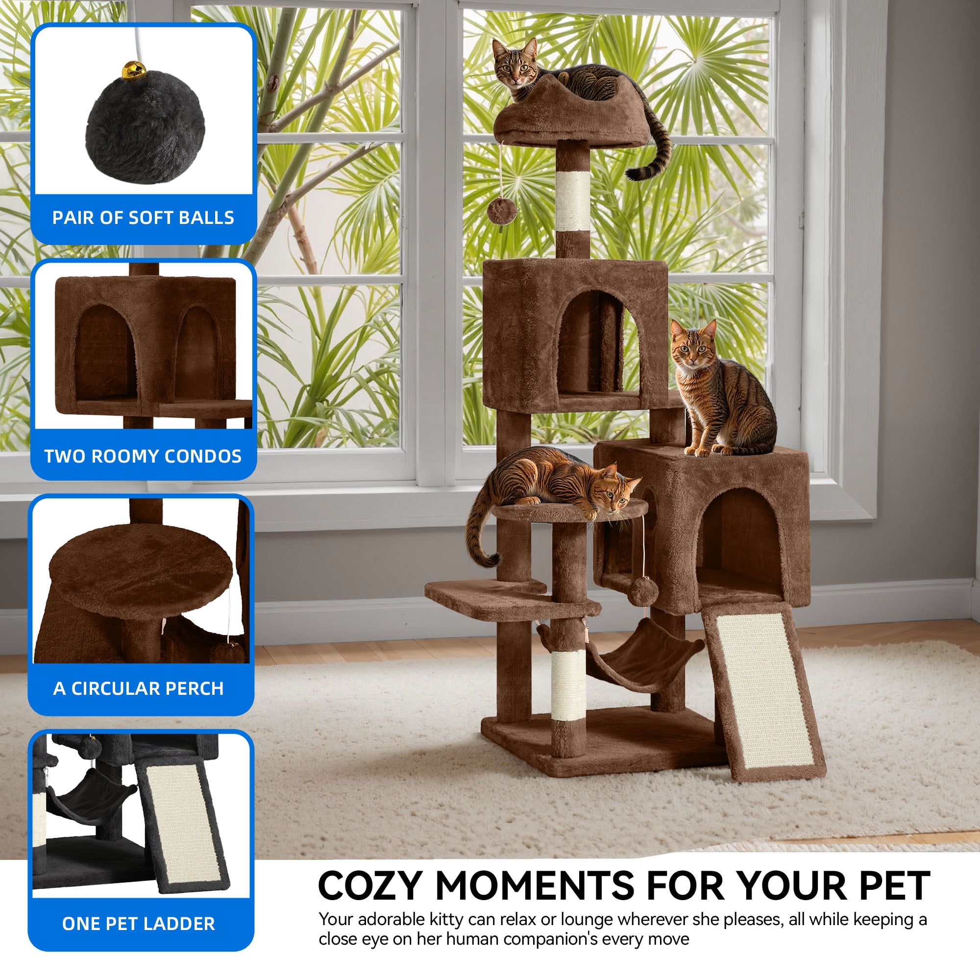 Dextrus 54" Multi-Level Cat Tree Tower with Cat Condos, Plush Top Perches, Hammocks, Sisal Scratching Post Board, Indoor Cat Activity Center,Brown