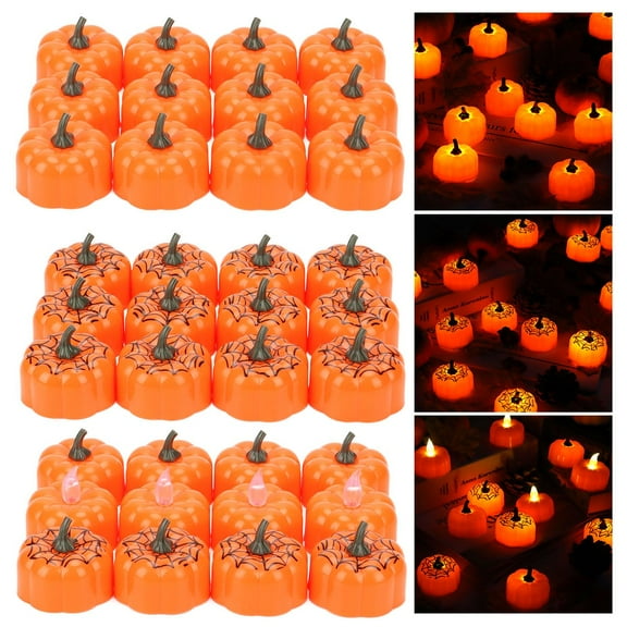 Deago 12 Pack Halloween Pumpkin Tea Lights, Battery Operated LED Tealights, Jack-O'-Lantern, Small Orange Flickering Tea Lights Candles for Halloween, Fall Festival Decorations