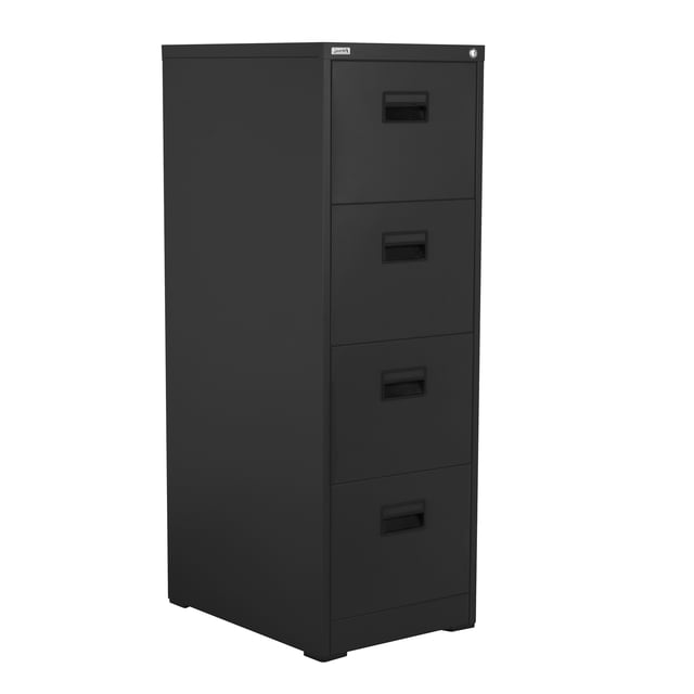 archivero vertical guardex lfc24 metálico 4 gavetas con anti-cerradura Negro Guardex, vista frontal 3/4 de archivador metálico vertical de cuatro gavetas para documentos carta y oficio. Tiradores empotrados rectangulares, cerradura en esquina superior derecha y rieles suaves y silenciosos; acabado mate y estructura estrecha para oficina o casa; a menudo usado también para organizar suministros de papelería y material de archivo pequeño.