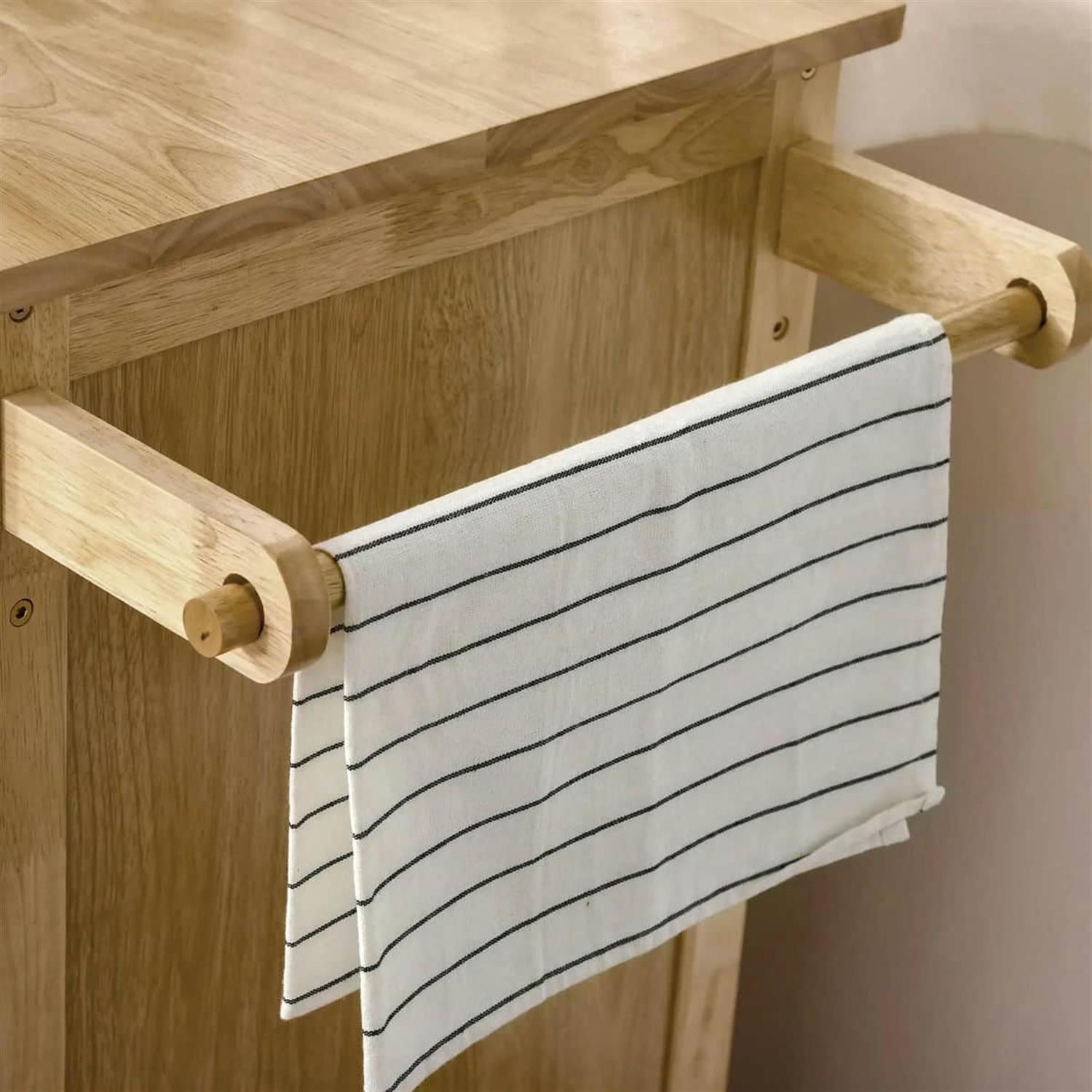 Demi Bonn 50" Rolling Kitchen Island, Natural Hardwood Cart with Drawers & Cabinets, Dining Room Microwave Cart, Wide Storage, Beige