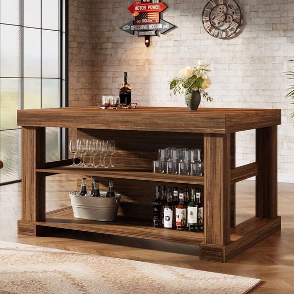55-Inch Home Bar Unit, 3-Tier Bar Table with Ample Storage, Rustic Brown