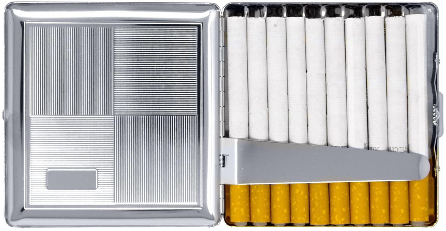 Set of 2 Compact Metal-Plated King Size Cigarette Case & Stash Box (Silver Four Square)