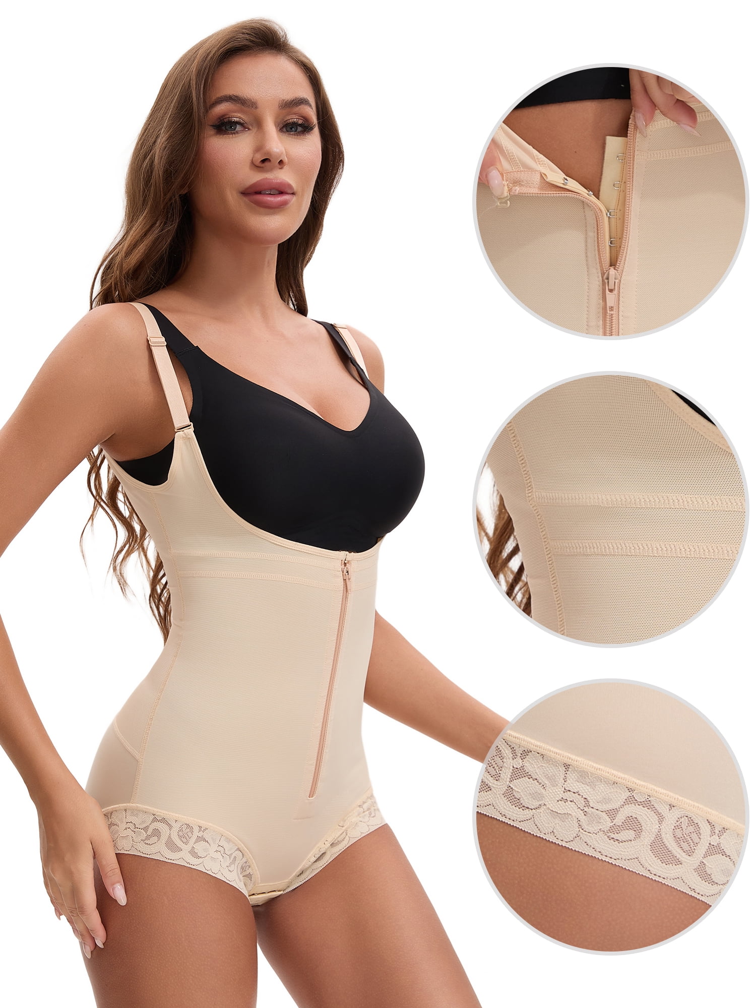 Unique Bargains Front Zipper Tummy Control Full Bodyshaper Beige XL