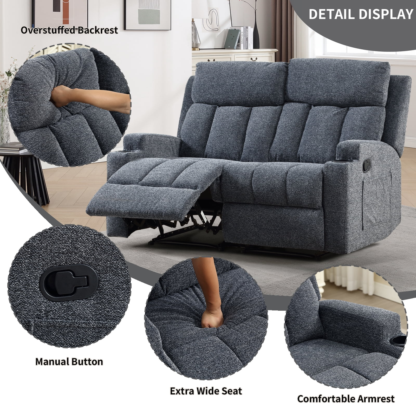 Ebello Manual Recliner Loveseat, Extra Wide Soft Fabric Overstuffed 2-Seat Reclining Sofa with Cup Holders for Living Room & Home Theater, Navy
