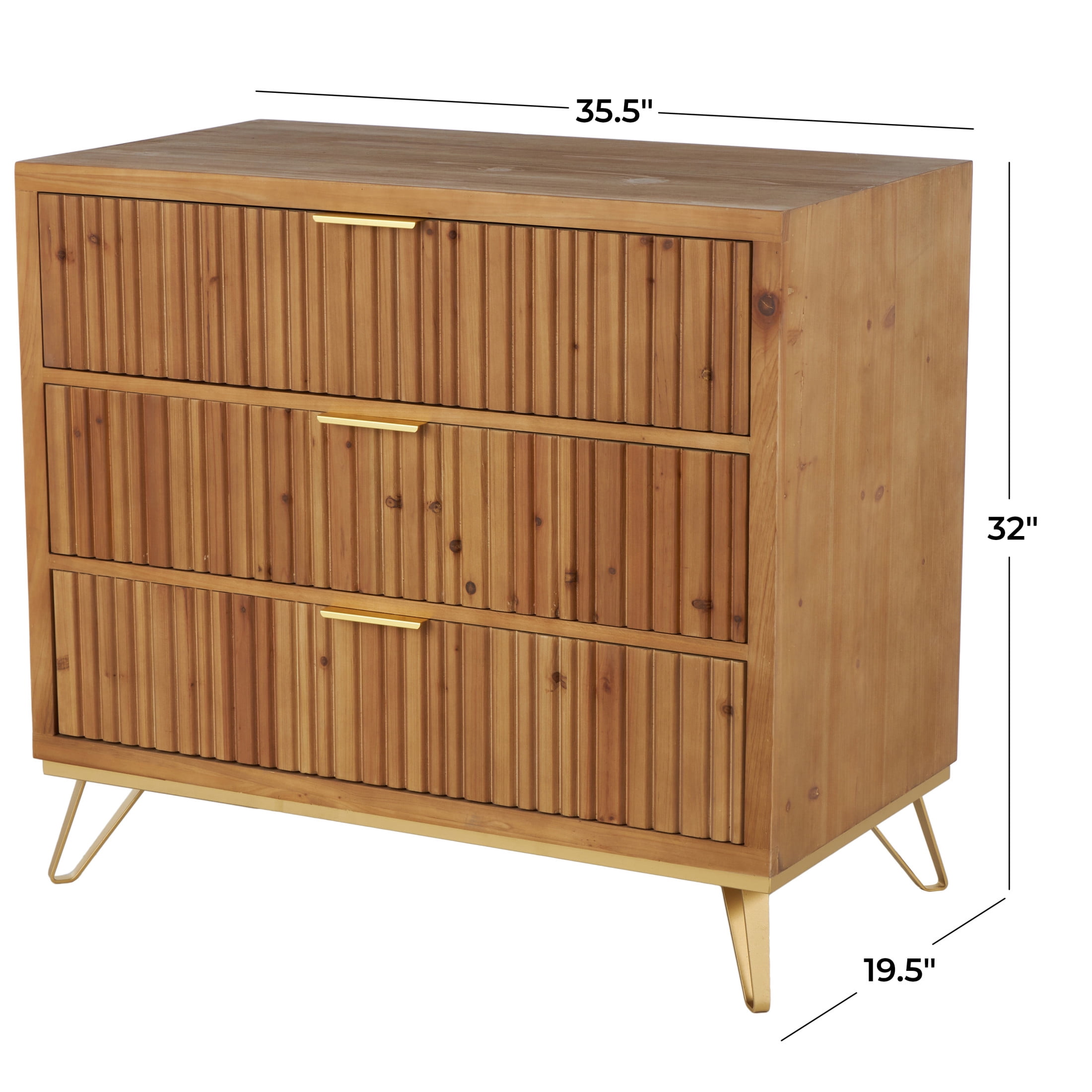 DecMode 36" x 32" Brown Wooden Ribbed 3 Drawer Chest with Gold Handles and Legs, 1-Piece