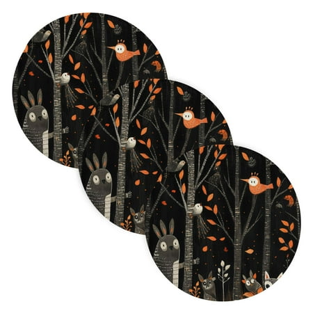 

Halloween Animal Forest Coil Dish Mat Set 3 Pack 15 Round Heat-Resistant Durable Soft Polyester
